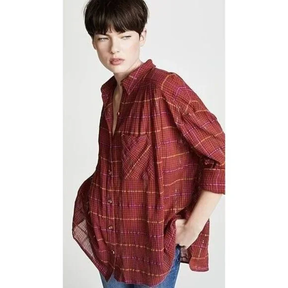 Free People Break Red / Orange Plaid My Stride Button Up /Down Long Sleeve Top S - Picture 2 of 11